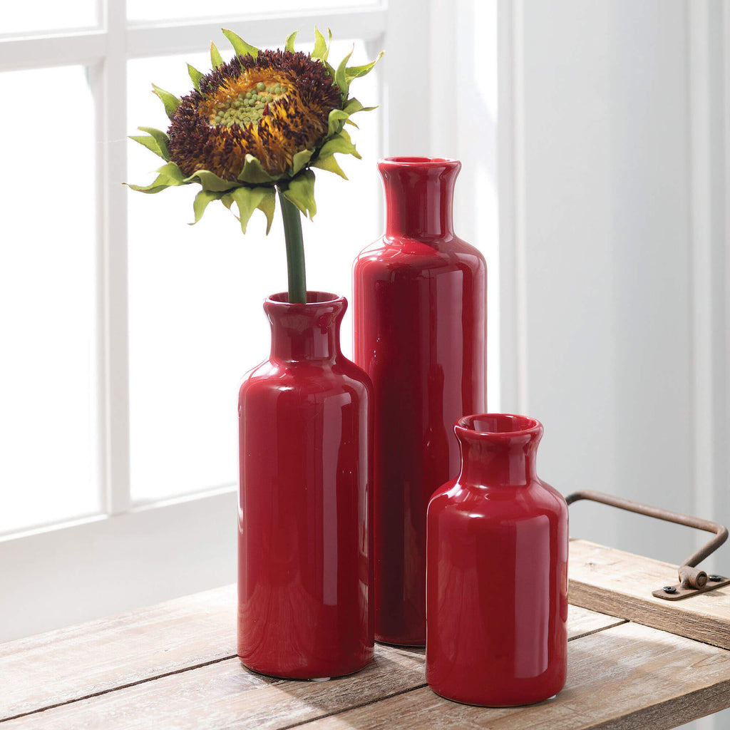 Ceramic Red Bottle Vase Set 3 