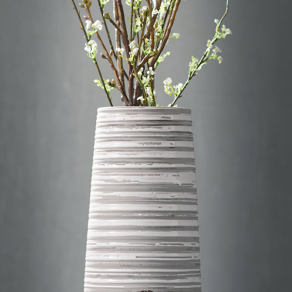 Tall Striped Gray White Vase  