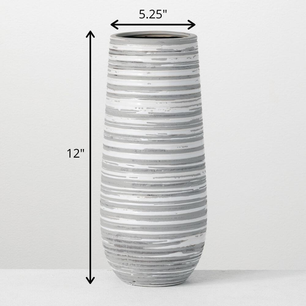 Tall Striped Gray White Vase  