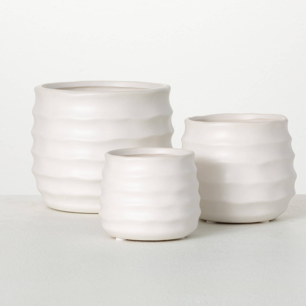 Matte Ivory Ribbed Round Pots 
