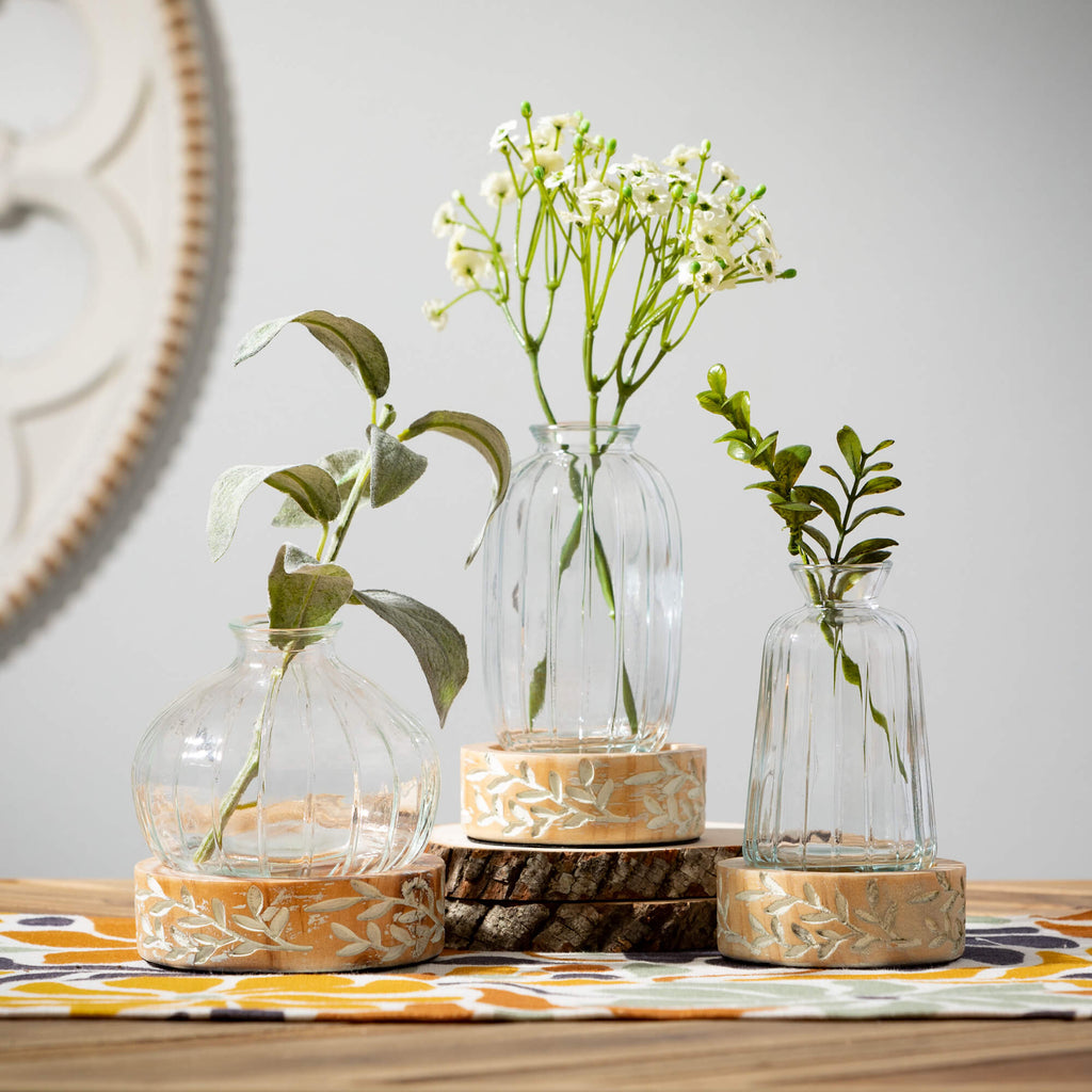 Embossed Wood & Glass Vase Set