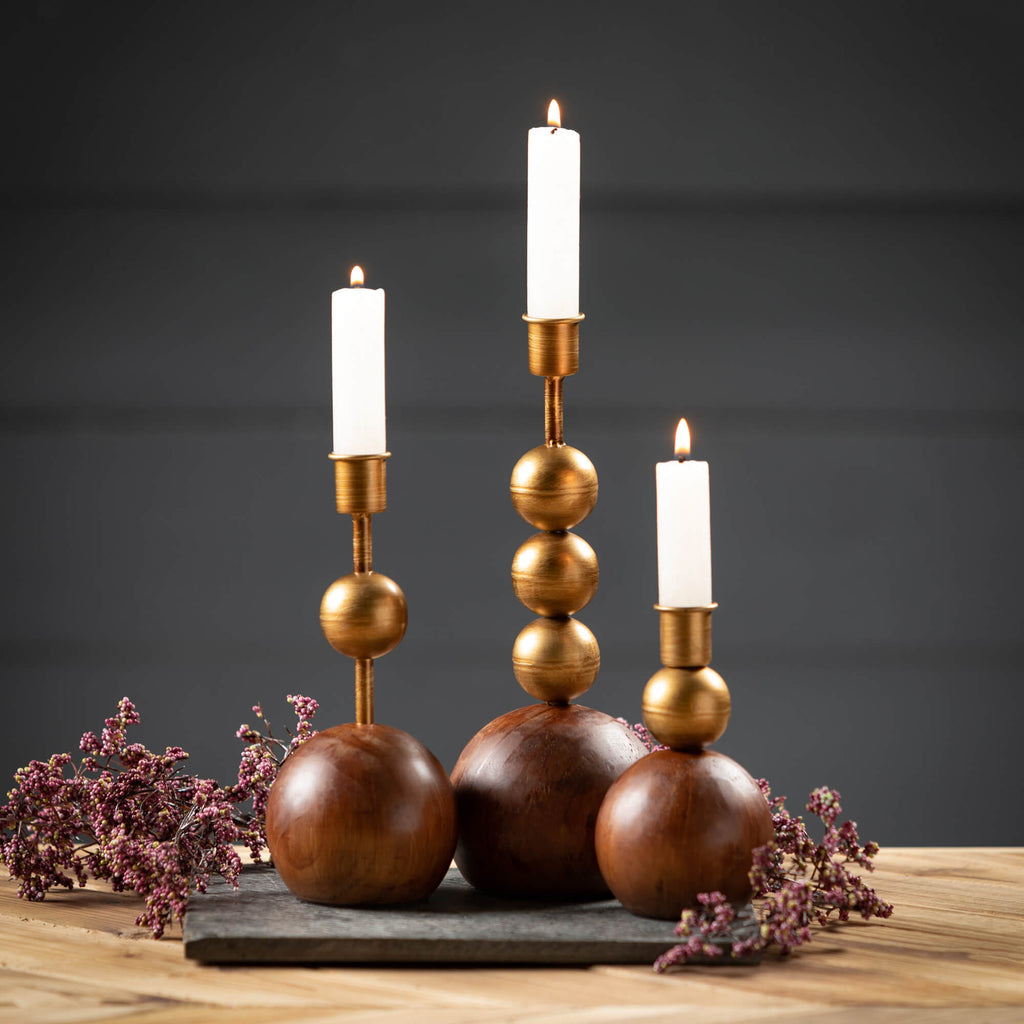 Gold & Wood Orb Candleholders 