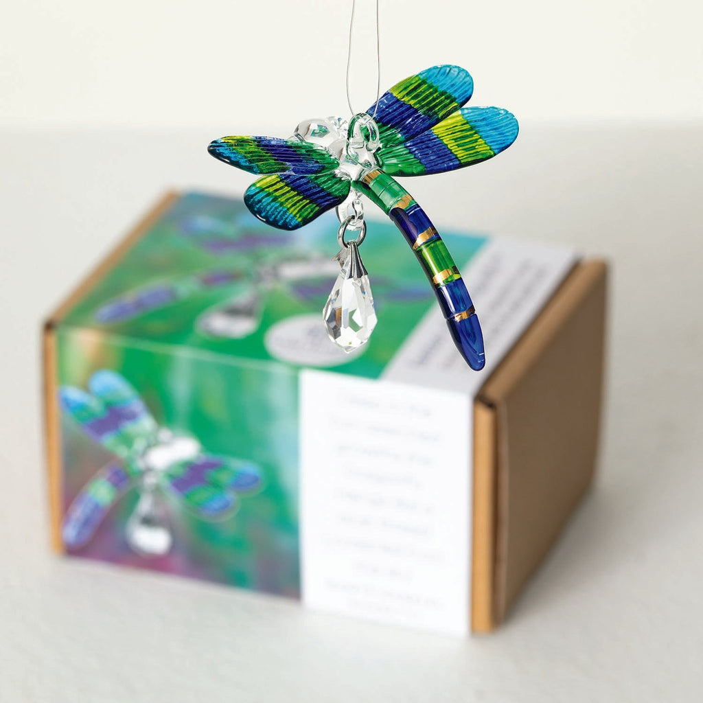 Fantasy Glass Suncatcher - Dragonfly, Peacock image with product box